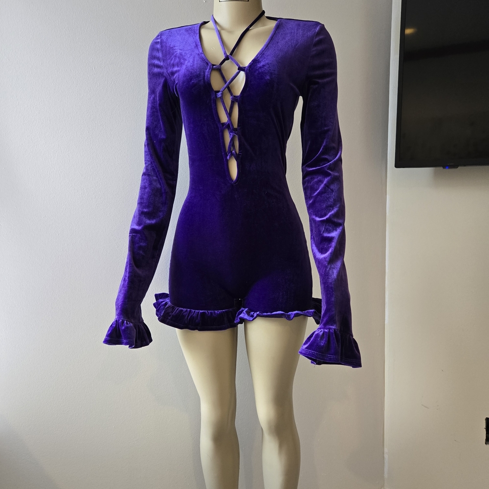 Purple Velvet Jumpsuit with Ruffle Sleeves